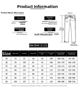 Detailed size chart for men's slim fit flare jeans including waist and length measurements