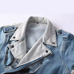 Men's vintage distressed light blue denim biker jacket with metal zippers and wide lapel