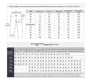 Size chart for slim stretch men's jeans with waist and length specs from 28 to 40