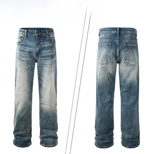 Detailed close-up showing vintage washed blue denim texture and cat whiskers on men's jeans