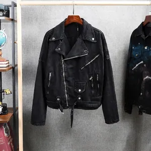 Men's slim fit punk style motorcycle denim jacket with diagonal zipper and waist belt detail