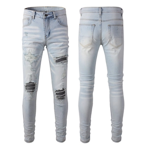 Jeans Slim Ajusté Déchiré pour Hommes Pantalon en Denim Bleu Clair Avec Détails Patchwork Vêtement Décontracté Mode Streetwear