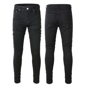 Jeans Skinny Homme Noir Coupe Ajustée Mélange Coton Denim Extensible Pantalon High Street Design Plissé Décontracté