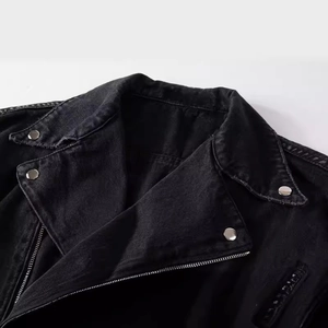 Men's punk style black denim biker jacket with lapels and silver metal zipper detail