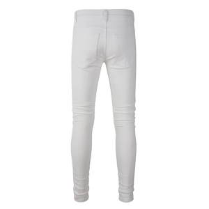 Back view of slim fit white distressed jeans featuring classic pockets and denim texture