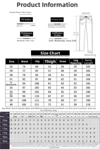 Detailed size chart for men's slim fit stretch denim jeans with measurement guide