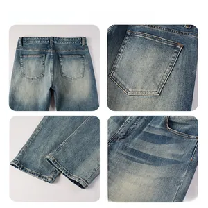 Detailed close-up of blue denim jeans showing wash effects, stitching and rear pocket texture