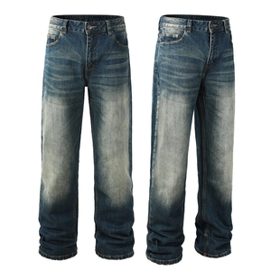 Classic loose straight leg jeans for men with vintage dark blue wash and fading detail