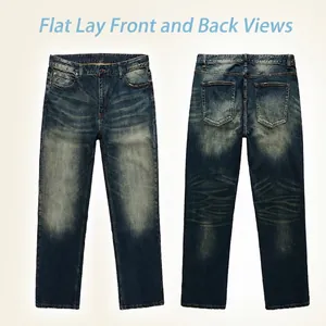 Classic straight-leg dark blue denim jeans for men with vintage faded wash effect