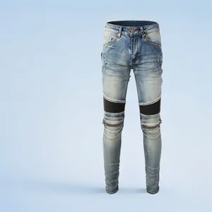 Men's Biker Jeans Light Blue Washed Denim Spliced Ripped Slim Fit Tapered Pants With Metal Zippers Punk Streetwear For Men