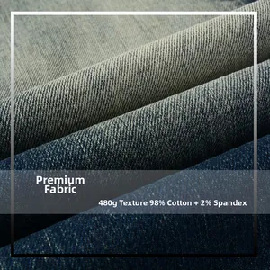Detailed texture of 480g denim fabric made of 98 percent cotton and 2 percent spandex