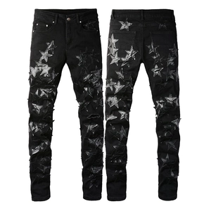 Men Streetwear Black Denim Jeans With Leather Star Patches Punk Distressed Ripped Slim Fit Trousers High Street Men Bottoms
