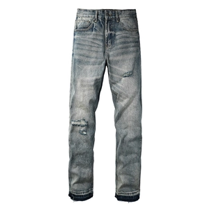 Men's retro light blue straight jeans with rhinestones and vintage wash details