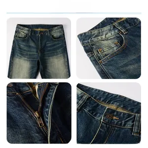 Detailed views of dark blue washed jeans showing metal zipper and five-pocket design