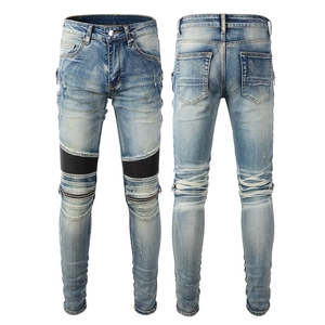 Slim fit light blue biker jeans for men with ribbed paneling and metal zippers detail