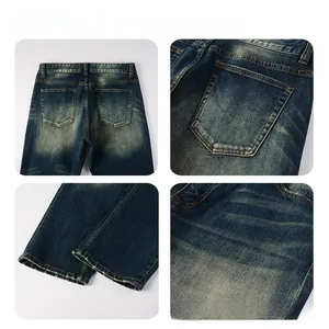 Detail view showing vintage whiskering and contrast stitching on dark blue jeans