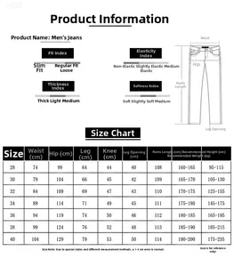 Detailed size chart for men's straight jeans with waist and length measurements