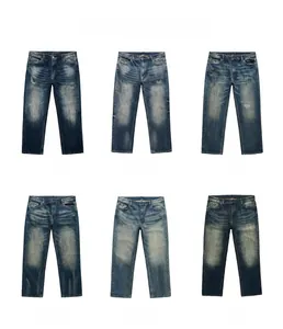 Detail showcasing six different blue wash denim finishes for men's straight leg jeans