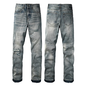 Men's light blue distressed straight jeans with ripped details and frayed hems