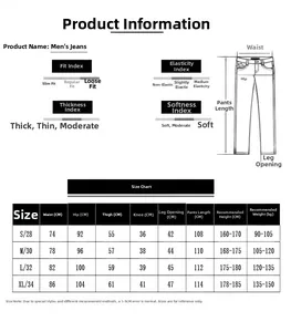 Size chart for men's slim fit flare jeans detailing waist, hip, and length measurements