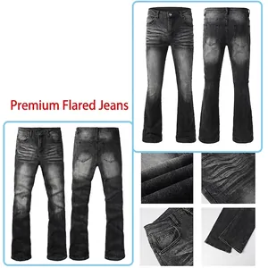 Jean évasé pour homme en denim gris noir délavé avec effets usés et coupe extensible
