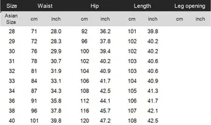 Detailed size chart for men's slim fit jeans showing waist, hip, and length measurements