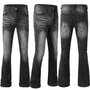 Jean denim évasé gris foncé pour homme avec délavé pour homme avec moustaches vintage, vues avant et arrière