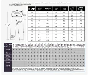 Detailed size guide table for men biker jeans with waist and length measurements