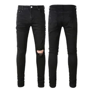 Men's slim fit black ripped denim jeans featuring distressed knees and front back view