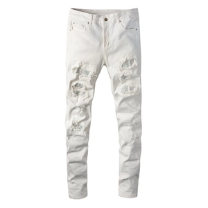 Men's High Street White Distressed Jeans Stretch Slim Fit Denim Pants With Rhinestone Patchwork Distressed Straight Leg