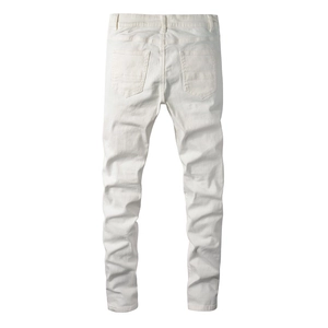 Men's slim fit white denim pants with back pockets and stretch fabric texture