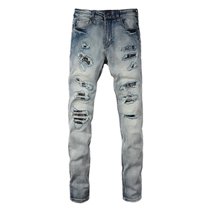 Men High Street Distressed Jeans Light Blue Washed Cotton Denim Pants Bandana Paisley Patchwork Slim Fit Casual Trouser