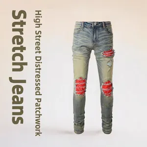 Men Ripped Jeans Streetwear Red Bandana Paisley Patchwork Distressed Denim Slim Fit Tapered Pants Retro Wash Denim Pants