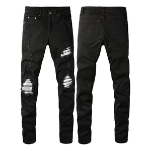Men's Black Ripped Jeans Slim Fit Distressed Patch Denim Pants Streetwear Rock Style Cotton Trousers For Men