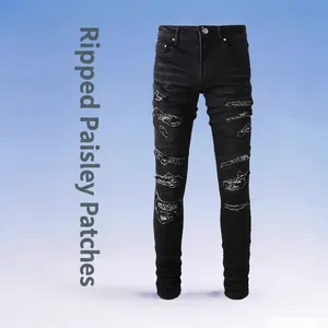Men Black Slim Fit Jeans Cotton Denim Distressed Ripped Paisley Patch High Streetwear Punk Style Long Trousers For Men