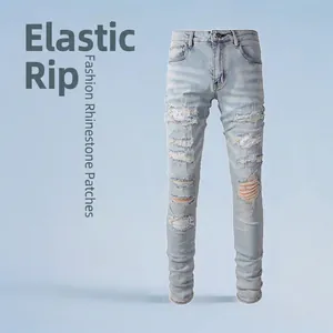 Jean Déchiré Bleu Clair pour Hommes Coupe Slim Pantalon en Denim Usé avec Patchs à Paillettes Pantalon Décontracté à la Mode