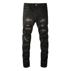Men Ripped Jeans Rhinestone Metal Mesh Inlaid Distressed Slim Fit Denim Pants Streetwear Black Casual Trousers For Men