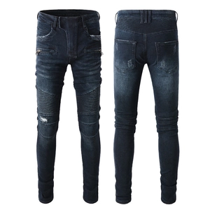 Mens slim fit biker jeans in deep blue with distressed knee details and side zippers