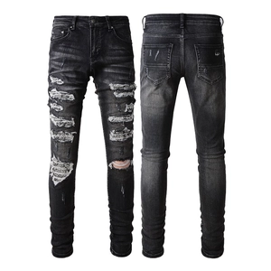 Vue avant et arrière du jean slim pour hommes en noir fumé délavé avec détails de déchirures