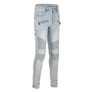Slim fit light blue biker jeans with pleated knee panels and metal zipper pockets