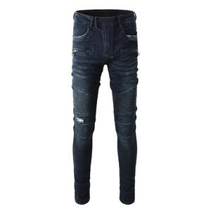 Men's Streetwear Biker Jeans Slim Fit Stretch Denim Pants With Ribbed Pleats Zipper Pockets Distressed Moto Jeans For Men