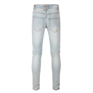 Slim fit light blue biker jeans for men with pleated knee details and multi-pocket design