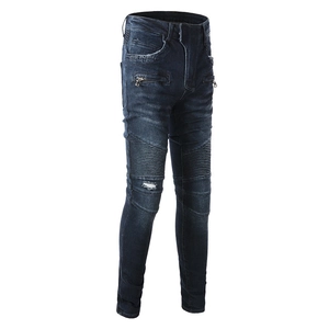 Men's biker style slim fit stretch denim jeans in deep blue with pleated knee details