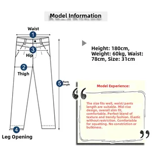 Size chart showing model parameters and denim pants measurements for a slim fit