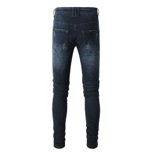 Slim fit moto biker jeans for men in dark blue denim with pleated knee details