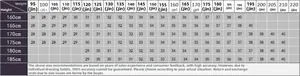 Detailed size chart for retro ripped jeans showing height and weight recommendations
