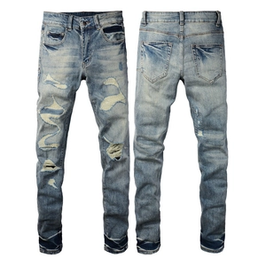 Front and back view of men's distressed slim-fit blue jeans with American street style