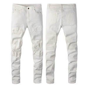 Men's White Slim Fit Ripped Jeans Distressed Denim Pants With Rhinestone Bandana Patch Streetwear Fashion For Men