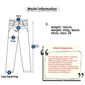Size chart for slim stretch jeans with waist, thigh and length measurement guide
