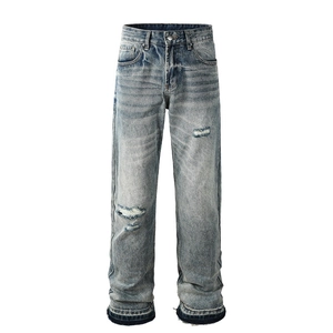 Retro light blue washed distressed straight-leg denim jeans with ripped knee details